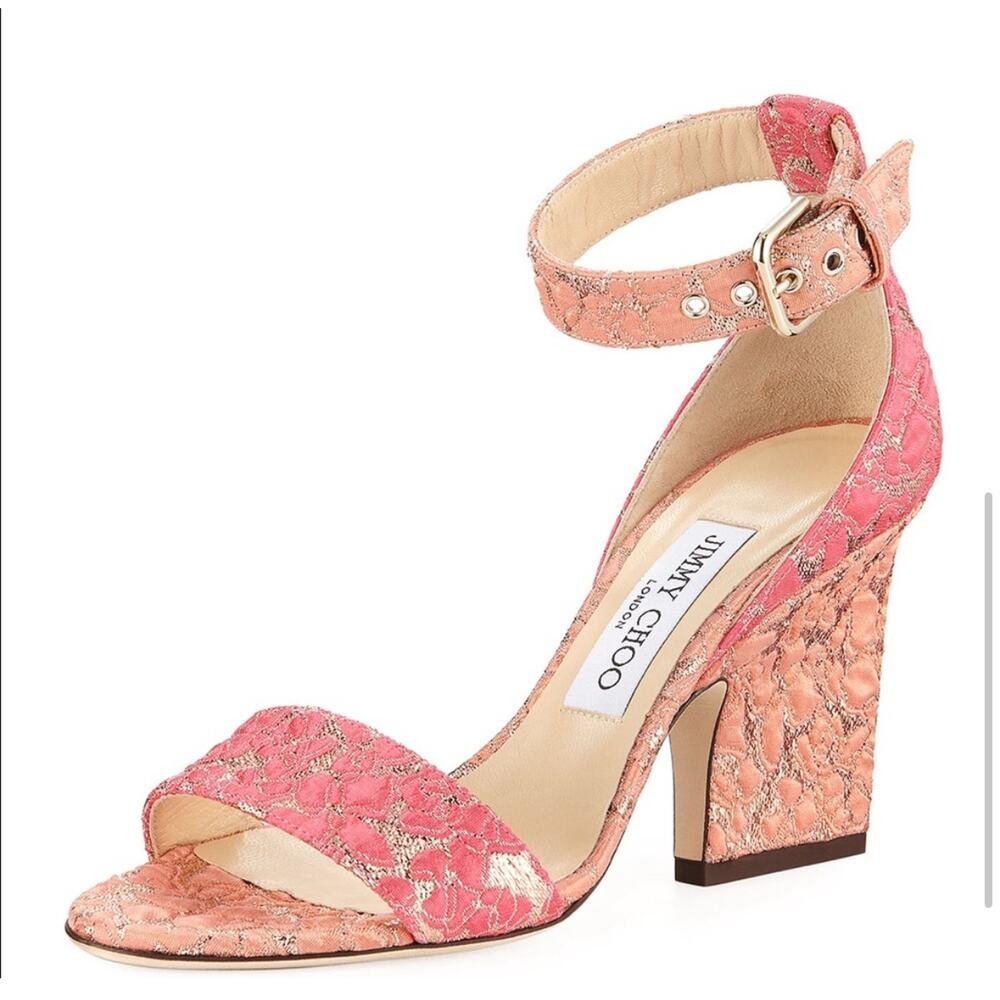 Jimmy Choo Edina Floral Pink Jacquard Ankle Strap High Heel Sandals EU 38.5